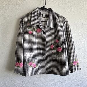 dressbarn Black & White Gingham Blazer with Pink Rose Embroidery